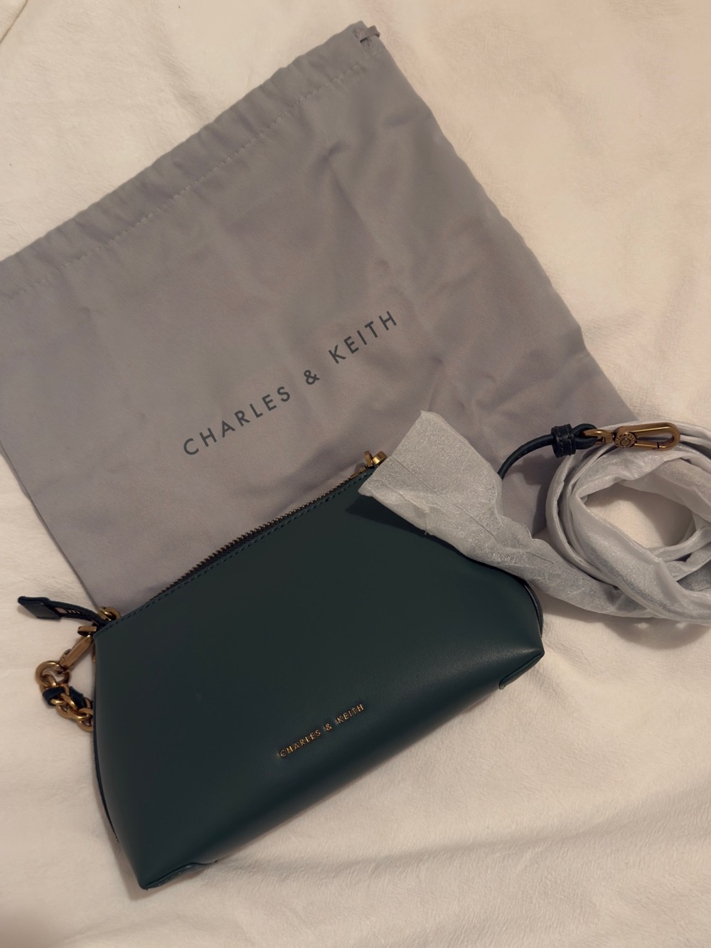 Charles & Keith Bottle Green Leather Crossbody Bag with Gold Hardware